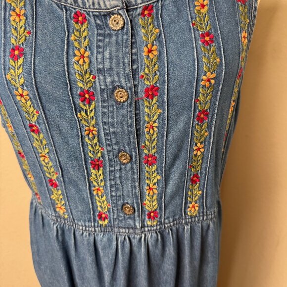 Vtg Erika & Co Embroidered Denim Maxi M Jumper Dress  Fall Country Modest 90 Y2k - Picture 3 of 11